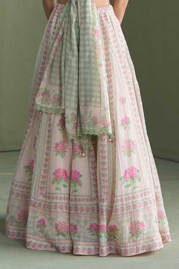 Summer By Priyanka Gupta_Pink Chanderi V-neck Lucy Printed Lehenga Set _Online_at_Aza_Fashions
