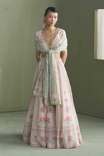 Buy_Summer By Priyanka Gupta_Pink Chanderi V-neck Lucy Printed Lehenga Set _Online_at_Aza_Fashions