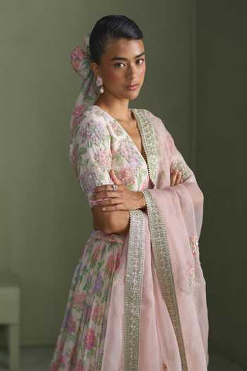 Summer By Priyanka Gupta Multi Color Chanderi, Organza V-neck Alice Floral Print Lehenga Set Online at Aza Fashions Summer By Priyanka Gupta_Multi Color Chanderi, Organza V-neck Alice Floral Print Lehenga Set _Online_at_Aza_Fashions