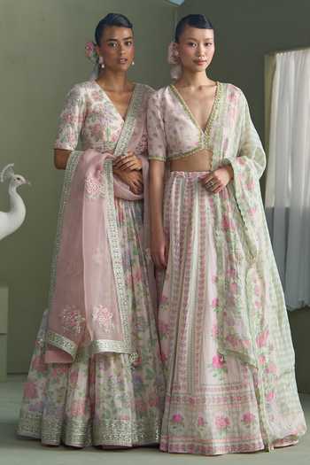 Buy Summer By Priyanka Gupta Multi Color Chanderi, Organza V-neck Alice Floral Print Lehenga Set Online at Aza Fashions Buy_Summer By Priyanka Gupta_Multi Color Chanderi, Organza V-neck Alice Floral Print Lehenga Set _Online_at_Aza_Fashions