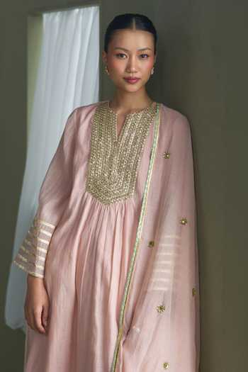Shop_Summer By Priyanka Gupta_Pink Chanderi Split V-neck Freya Embroidered Kaftan Set _Online_at_Aza_Fashions