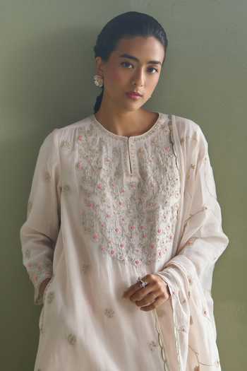 Shop_Summer By Priyanka Gupta_Pink Chanderi Round Neck Clara Dori Embroidered Kurta Set _Online_at_Aza_Fashions