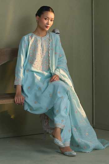 Shop_Summer By Priyanka Gupta_Blue Chanderi Round Neck, Yes Clara Dori Embroidered Kurta Pant Set _Online_at_Aza_Fashions