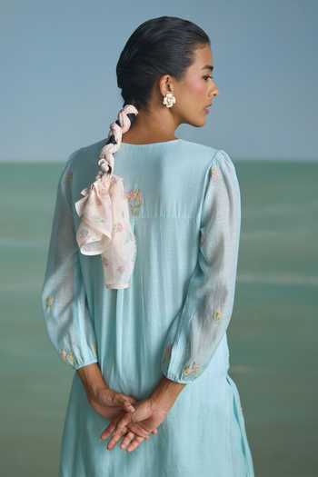Shop Summer By Priyanka Gupta Blue Chanderi Round Neck Bug Me Not Embroidered Kurta And Pant Set at Aza Fashions Shop_Summer By Priyanka Gupta_Blue Chanderi Round Neck Bug Me Not Embroidered Kurta And Pant Set _at_Aza_Fashions