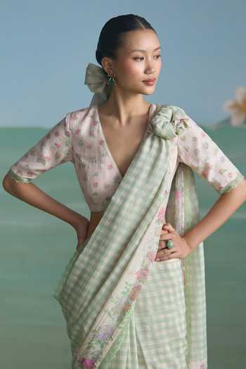 Shop_Summer By Priyanka Gupta_Green Chanderi V-neck Lucy Printed Saree With Blouse _Online_at_Aza_Fashions