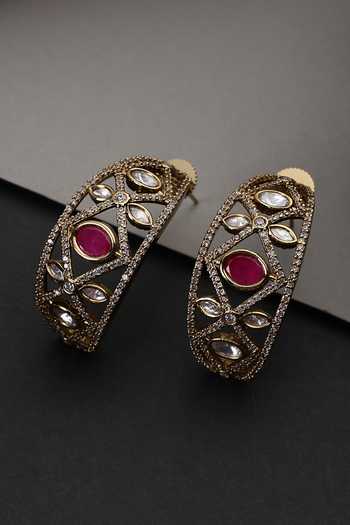 Swabhimann Ruby & Polki Embellished Hoop Earrings 