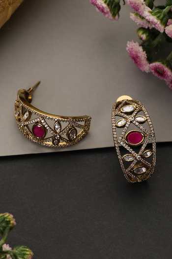Shop_Swabhimann_Red Ruby And Polki Embellished Hoop Earrings _Online_at_Aza_Fashions
