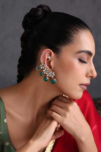 Swabhimann_Emerald Green And Polki Pair Of Ear Cuffs _Online_at_Aza_Fashions