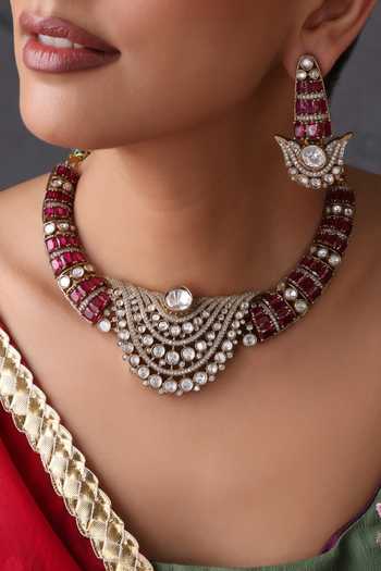 Shop_Swabhimann_Red Ruby And Polki Hasli Necklace Set _Online_at_Aza_Fashions