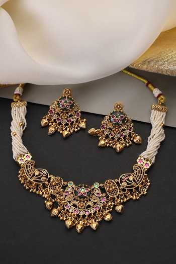Shop_Swabhimann_Multi Color Carved Temple Embellished Choker Set _Online_at_Aza_Fashions