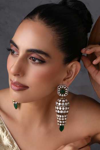 Buy Swabhimann Green Emerald And Polki Studded Jhumka Earrings Online at Aza Fashions Buy_Swabhimann_Green Emerald And Polki Studded Jhumka Earrings _Online_at_Aza_Fashions