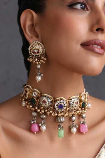 Swabhimann_Multi Color Polki Embellished Stone Drop Choker Set _Online_at_Aza_Fashions