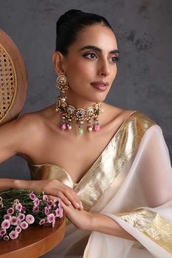 Buy_Swabhimann_Multi Color Polki Embellished Stone Drop Choker Set _Online_at_Aza_Fashions