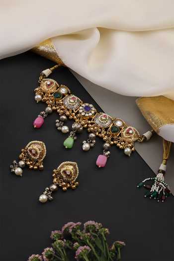 Shop_Swabhimann_Multi Color Polki Embellished Stone Drop Choker Set _Online_at_Aza_Fashions