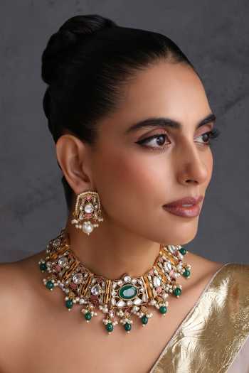 Swabhimann Emerald & Polki Embellished Necklace Set 