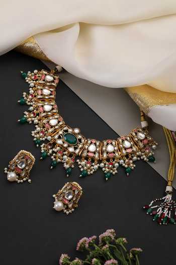 Swabhimann_Multi Color Emerald And Polki Embellished Necklace Set _Online_at_Aza_Fashions