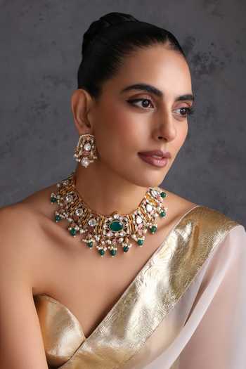 Buy_Swabhimann_Multi Color Emerald And Polki Embellished Necklace Set _Online_at_Aza_Fashions