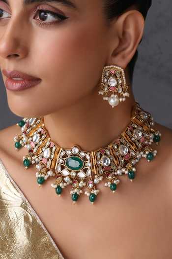 Shop_Swabhimann_Multi Color Emerald And Polki Embellished Necklace Set _Online_at_Aza_Fashions