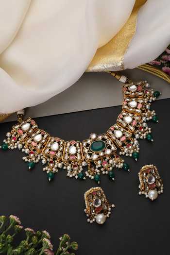 Swabhimann Emerald & Polki Embellished Necklace Set 