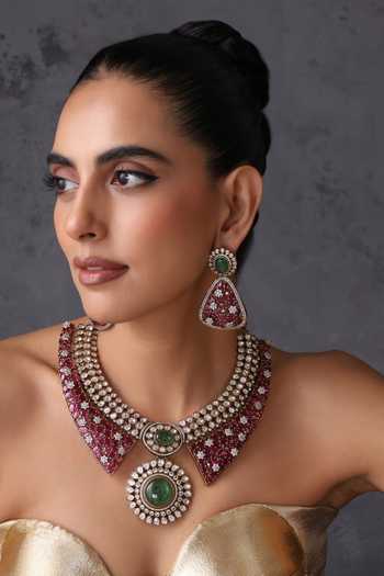 Swabhimann_White Ruby And Emerald Polki Studded Necklace Set _Online_at_Aza_Fashions