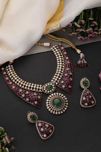 Buy_Swabhimann_White Ruby And Emerald Polki Studded Necklace Set _Online_at_Aza_Fashions