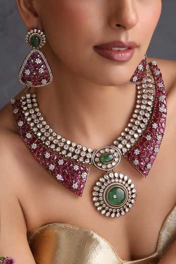 Shop_Swabhimann_White Ruby And Emerald Polki Studded Necklace Set _Online_at_Aza_Fashions