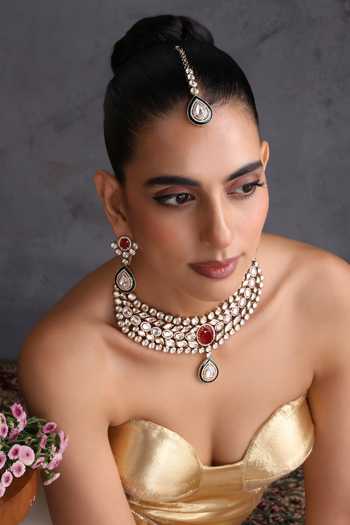 Swabhimann_Red Ruby And Polki Embellished Necklace Set _Online_at_Aza_Fashions