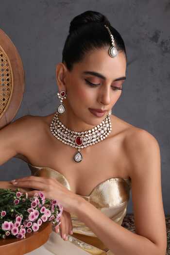 Shop_Swabhimann_Red Ruby And Polki Embellished Necklace Set _Online_at_Aza_Fashions