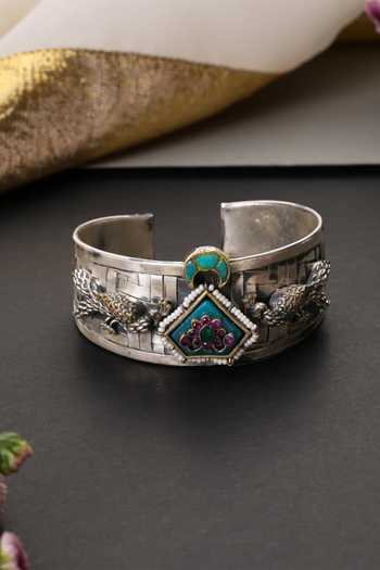 Swabhimann_Green Peacock Carved Polki Cuff _Online_at_Aza_Fashions