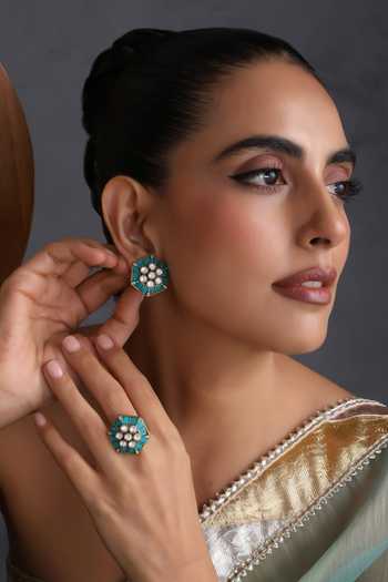 Swabhimann_Blue Polki Stud Earrings With Ring _Online_at_Aza_Fashions