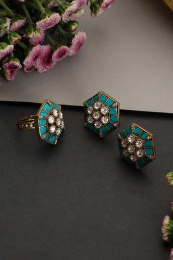 Swabhimann Blue Polki Stud Earrings With Ring 