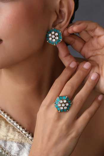Buy_Swabhimann_Blue Polki Stud Earrings With Ring _Online_at_Aza_Fashions