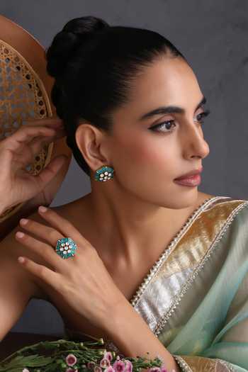 Swabhimann Blue Polki Stud Earrings With Ring 