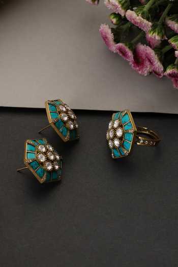 Shop_Swabhimann_Blue Polki Stud Earrings With Ring _Online_at_Aza_Fashions