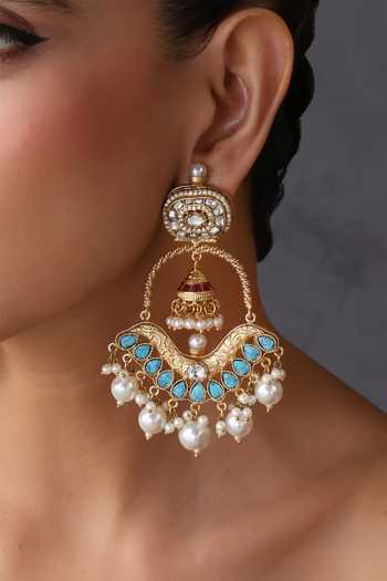 Swabhimann_Blue Polki Embellished Chandelier Earrings _Online_at_Aza_Fashions