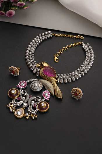 Swabhimann Bird & Peacock Carved Pendant Necklace Set 