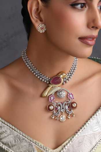 Shop_Swabhimann_Multi Color Bird And Peacock Carved Pendant Necklace Set _Online_at_Aza_Fashions