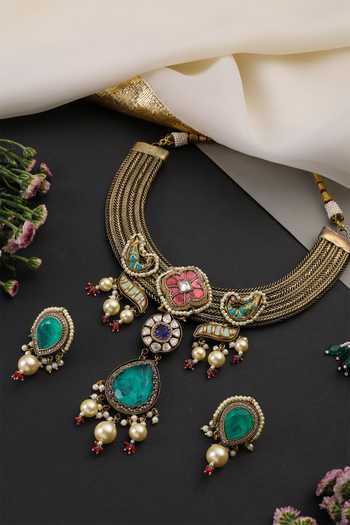 Swabhimann Emerald & Polki Hasli Necklace Set 