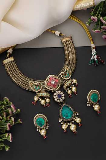 Buy_Swabhimann_Multi Color Emerald And Polki Hasli Necklace Set _Online_at_Aza_Fashions