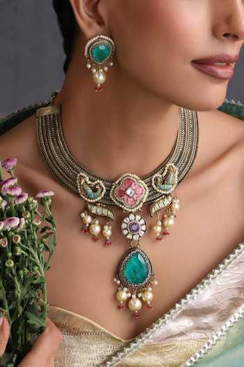 Shop_Swabhimann_Multi Color Emerald And Polki Hasli Necklace Set _Online_at_Aza_Fashions