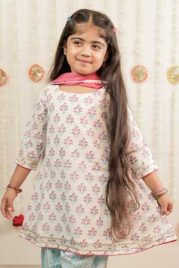 Tiny Colour_White Cotton Paisley Print Kurta Farshi Salwar Set _Online_at_Aza_Fashions