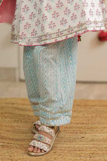 Shop_Tiny Colour_White Cotton Paisley Print Kurta Farshi Salwar Set _Online_at_Aza_Fashions