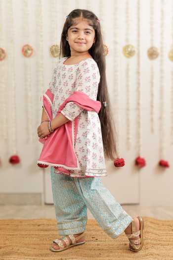 Buy_Tiny Colour_White Cotton Paisley Print Kurta Farshi Salwar Set 