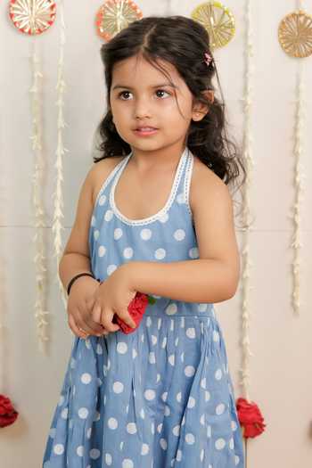 Tiny Colour_Blue Cotton, Cambric Polka Dot Print Kurta With Dupatta _Online_at_Aza_Fashions