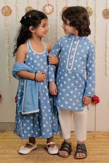 Shop_Tiny Colour_Blue Cotton, Cambric Polka Dot Print Kurta With Dupatta _Online_at_Aza_Fashions