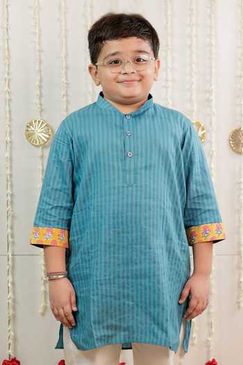 Tiny Colour_Blue Cotton, Cambric, Poplin Stripe Pattern Kurta Set _Online_at_Aza_Fashions