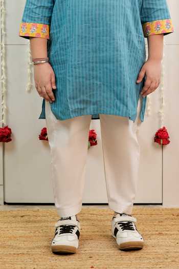 Buy_Tiny Colour_Blue Cotton, Cambric, Poplin Stripe Pattern Kurta Set _Online_at_Aza_Fashions