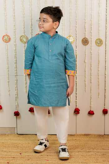 Shop_Tiny Colour_Blue Cotton, Cambric, Poplin Stripe Pattern Kurta Set _Online_at_Aza_Fashions