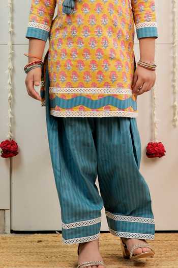 Shop_Tiny Colour_Yellow Cotton, Cambric Floral Print Kurta And Salwar Set _Online_at_Aza_Fashions