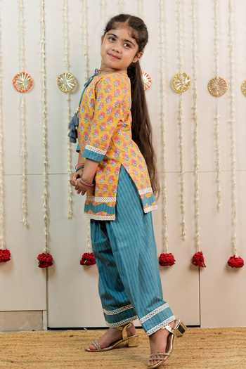 Tiny Colour_Yellow Cotton, Cambric Floral Print Kurta And Salwar Set _at_Aza_Fashions